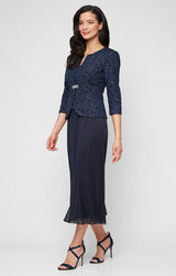 Plus Tea Length Textured Jacquard Mock Jacket Dress with Scoop Neck Bodice