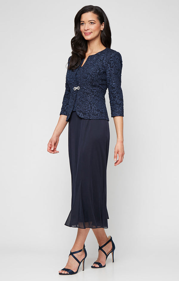Plus Tea Length Textured Jacquard Mock Jacket Dress with Scoop Neck Bodice