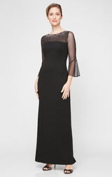 Long Column Dress With Heat Set Illusion Neckline and Bell Sleeves