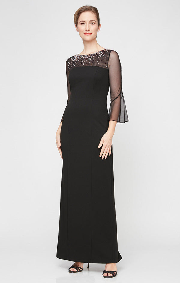 Long Column Dress With Heat Set Illusion Neckline and Bell Sleeves