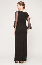 Long Column Dress With Heat Set Illusion Neckline and Bell Sleeves