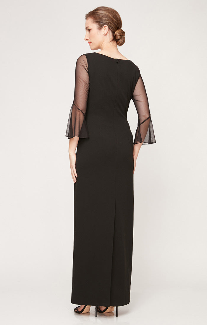 Long Column Dress With Heat Set Illusion Neckline and Bell Sleeves
