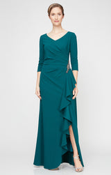 *Long V-Neck Dress With Cascade Detail Skirt