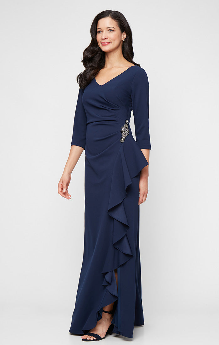 *Long V-Neck Dress With Cascade Detail Skirt