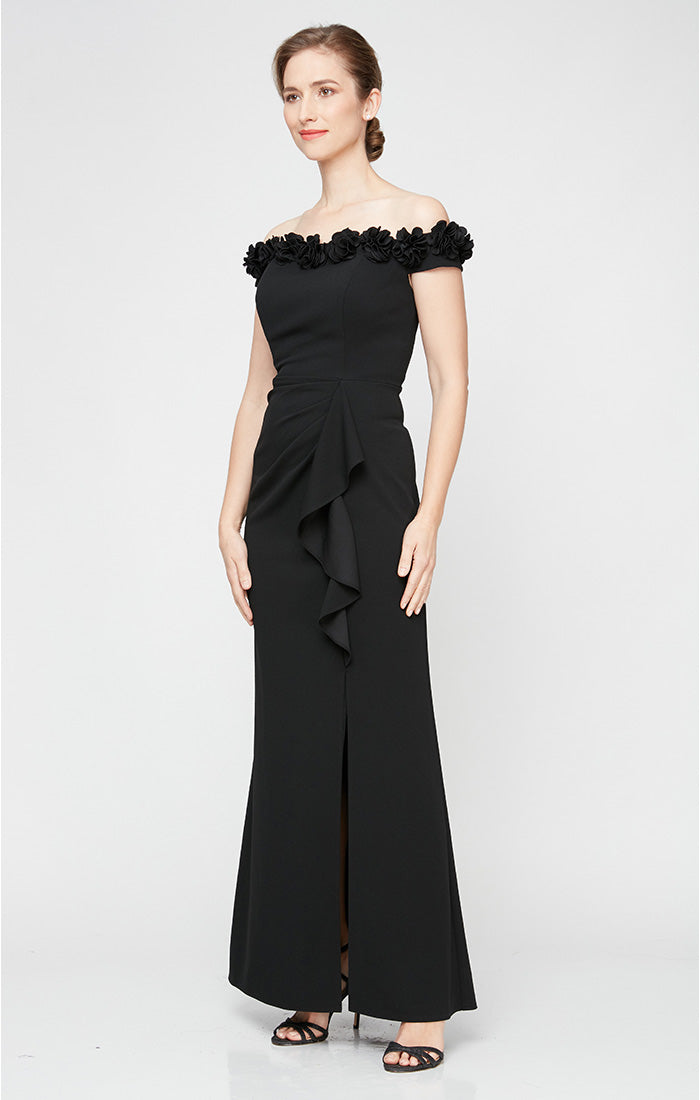 *Long Off the Shoulder Dress With 3D Flower Neckline and Front Slit