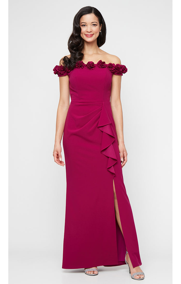 *Long Off the Shoulder Dress With 3D Flower Neckline and Front Slit