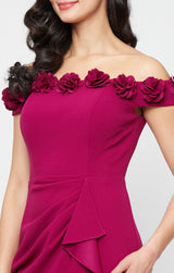 *Long Off the Shoulder Dress With 3D Flower Neckline and Front Slit