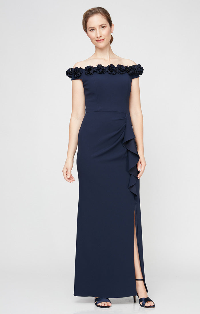 *Long Off the Shoulder Dress With 3D Flower Neckline and Front Slit