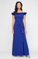 *Long Off the Shoulder Dress With 3D Flower Neckline and Front Slit
