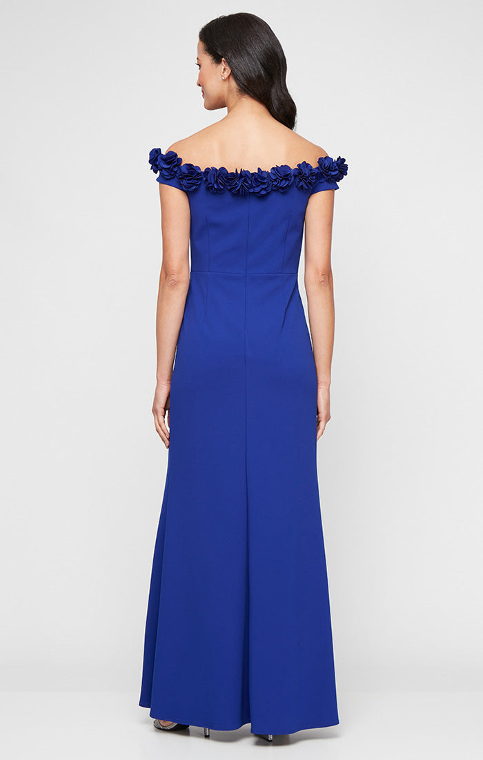 *Long Off the Shoulder Dress With 3D Flower Neckline and Front Slit