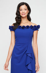 *Long Off the Shoulder Dress With 3D Flower Neckline and Front Slit