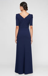 Long Embellished Neck Dress with Elbow Sleeves and Cascade Detail Skirt