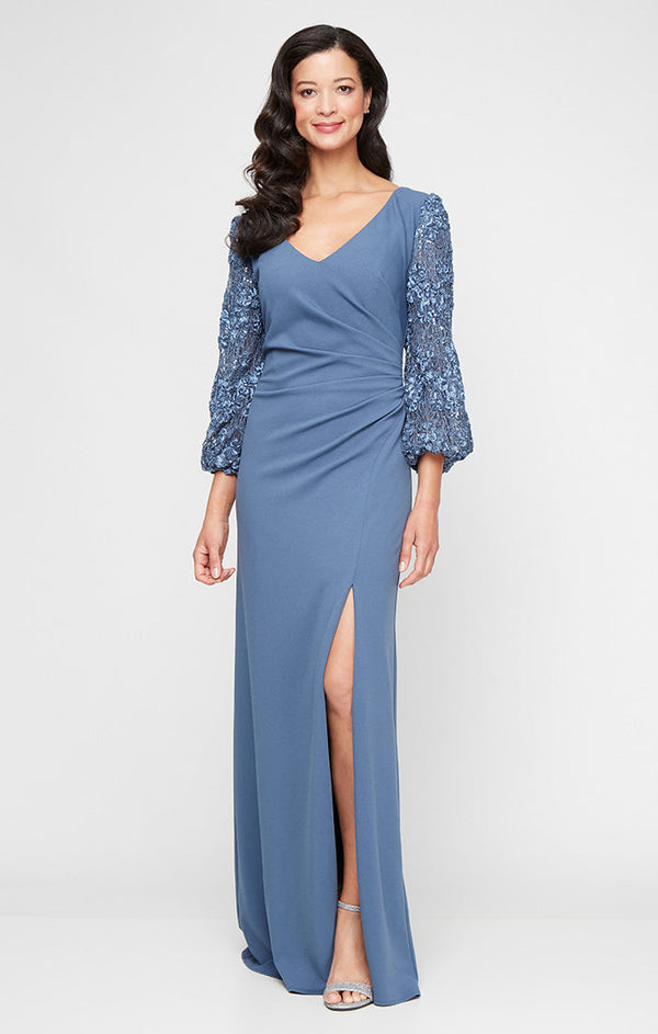 Regular - Long Stretch Crepe V-Neck Dress with Soutache Illusion Sleeves and Front Slit