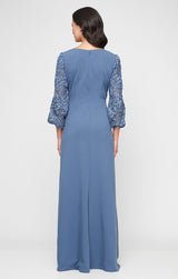 Regular - Long Stretch Crepe V-Neck Dress with Soutache Illusion Sleeves and Front Slit