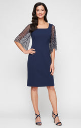 Petite Short Stretch Crepe Sheath Dress with Square Neckline and Heat Set Illusion Sleeves
