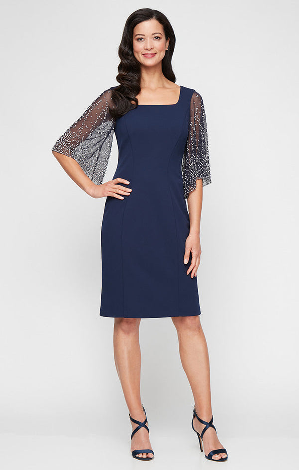 Petite Short Stretch Crepe Sheath Dress with Square Neckline and Heat Set Illusion Sleeves