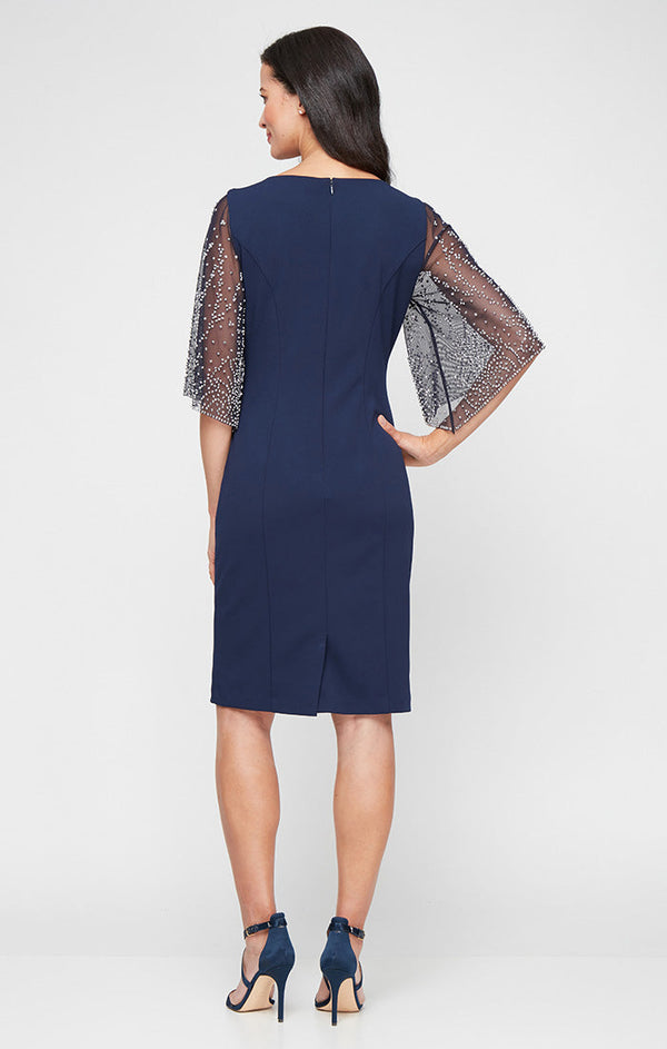 Petite Short Stretch Crepe Sheath Dress with Square Neckline and Heat Set Illusion Sleeves