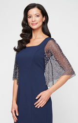 Petite Short Stretch Crepe Sheath Dress with Square Neckline and Heat Set Illusion Sleeves