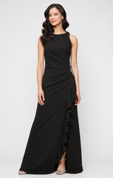 *Long Sleeveless Stretch Crepe Dress with Beaded Hip Detail and Cascade Ruffle Skirt