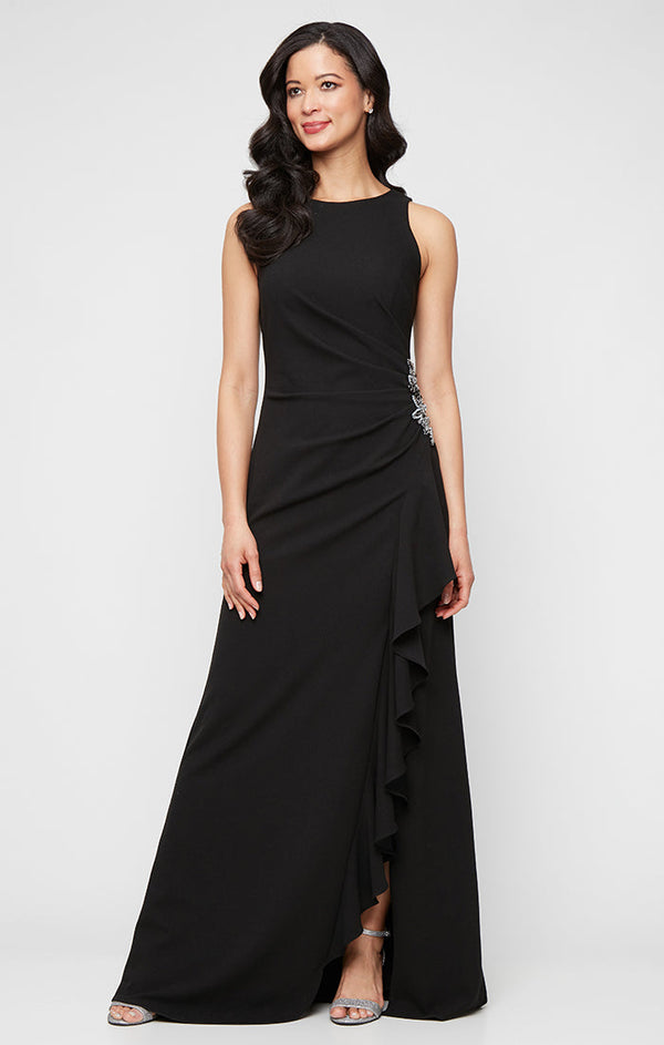 *Long Sleeveless Stretch Crepe Dress with Beaded Hip Detail and Cascade Ruffle Skirt