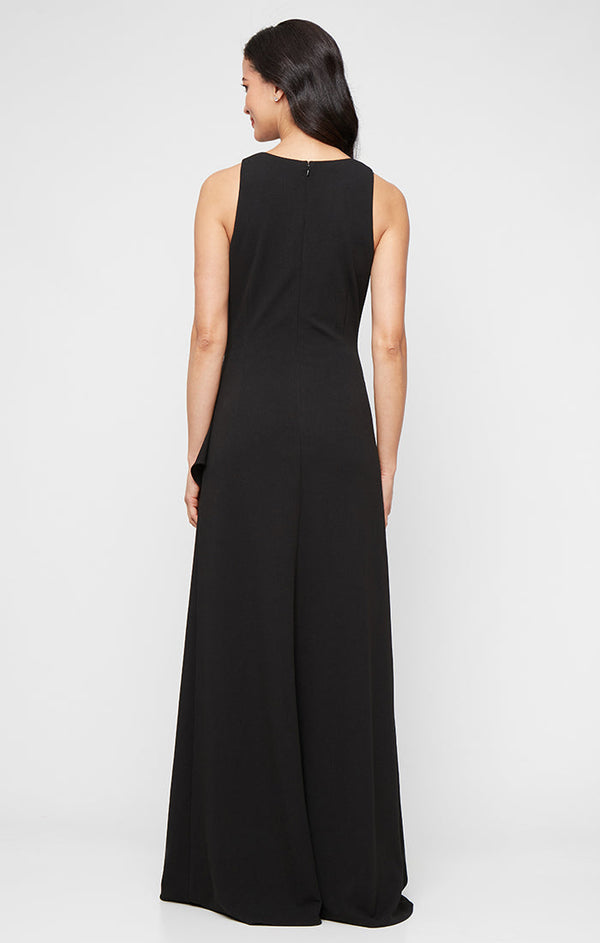 *Long Sleeveless Stretch Crepe Dress with Beaded Hip Detail and Cascade Ruffle Skirt