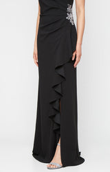 *Long Sleeveless Stretch Crepe Dress with Beaded Hip Detail and Cascade Ruffle Skirt