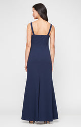 Long Stretch Crepe Bolero Jacket Dress with Flower Neckline Detail and Front Slit