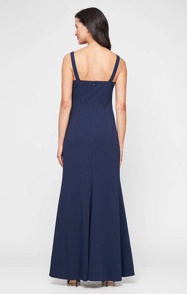 Long Stretch Crepe Bolero Jacket Dress with Flower Neckline Detail and Front Slit