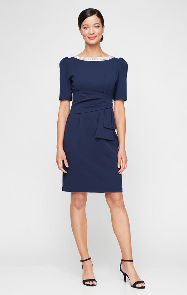 Short Stretch Crepe Sheath Dress with Embellished Neckline with Gather Waist and Puff Shoulder Elbow Sleeves