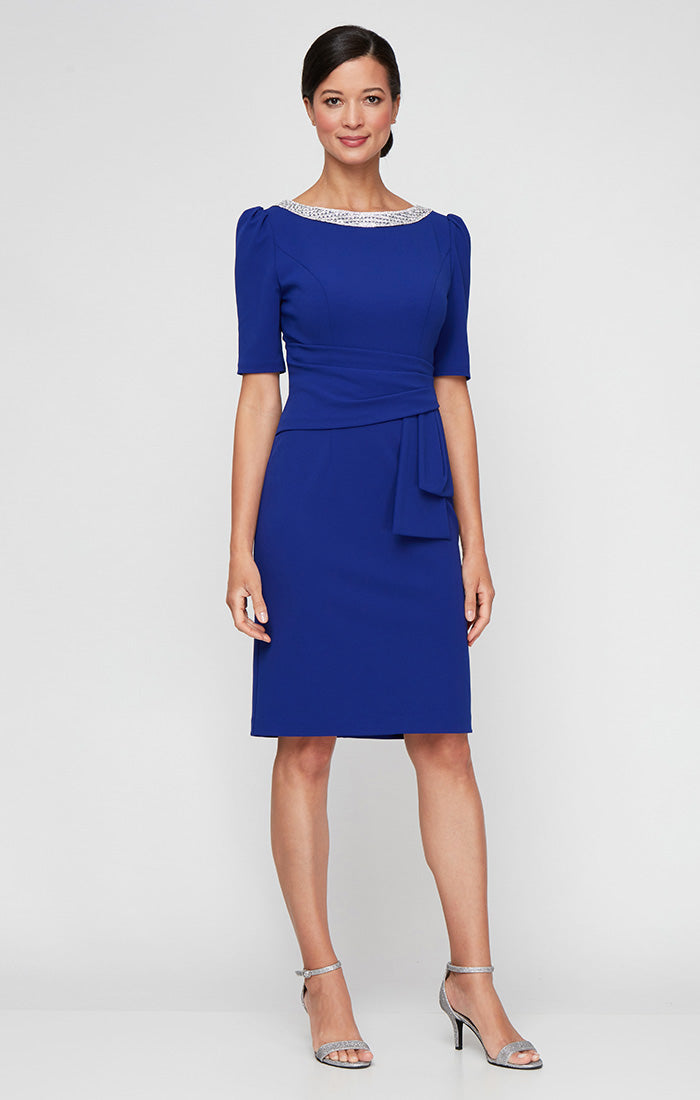 Short Stretch Crepe Sheath Dress with Embellished Neckline with Gather Waist and Puff Shoulder Elbow Sleeves
