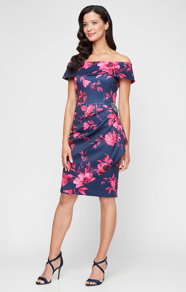 Regular - Short Printed Stretch Scuba Crepe Sheath Dress with Embellished Detail at Hip and Cascade Detail Skirt