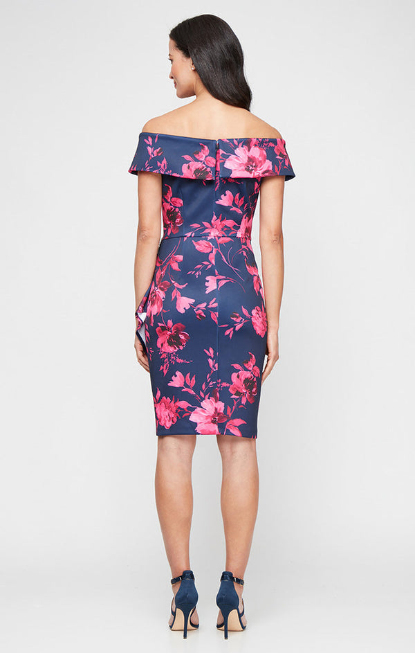 Regular - Short Printed Stretch Scuba Crepe Sheath Dress with Embellished Detail at Hip and Cascade Detail Skirt
