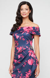 Regular - Short Printed Stretch Scuba Crepe Sheath Dress with Embellished Detail at Hip and Cascade Detail Skirt