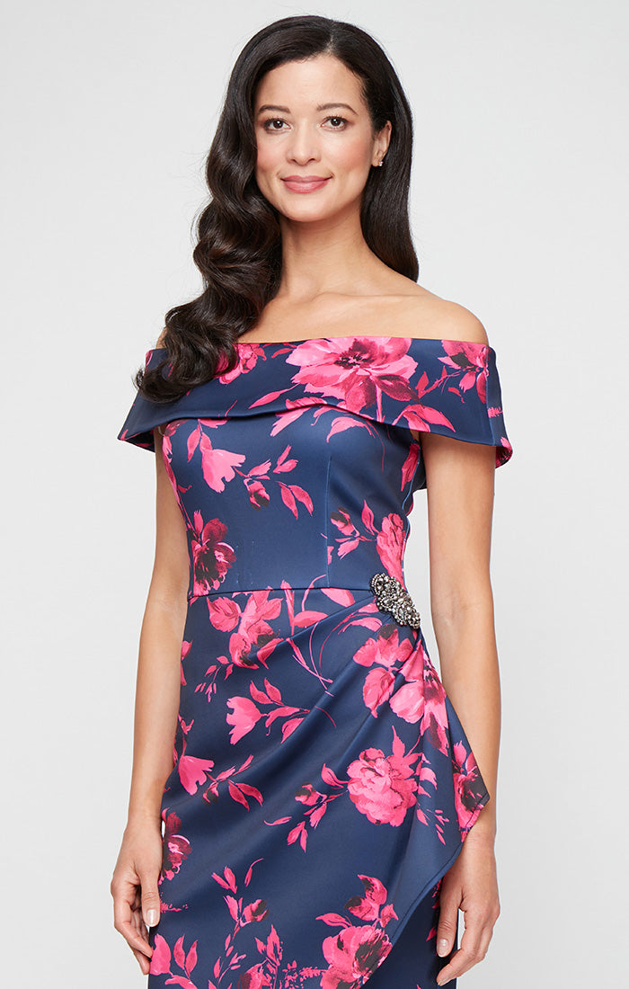 Regular - Short Printed Stretch Scuba Crepe Sheath Dress with Embellished Detail at Hip and Cascade Detail Skirt