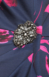 Regular - Short Printed Stretch Scuba Crepe Sheath Dress with Embellished Detail at Hip and Cascade Detail Skirt