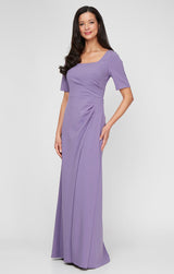 Plus Long Stretch Crepe Dress with Square Neckline, Elbow Sleeves and Front Slit