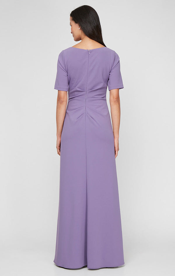 Plus Long Stretch Crepe Dress with Square Neckline, Elbow Sleeves and Front Slit