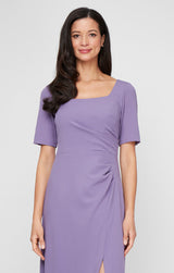 Plus Long Stretch Crepe Dress with Square Neckline, Elbow Sleeves and Front Slit