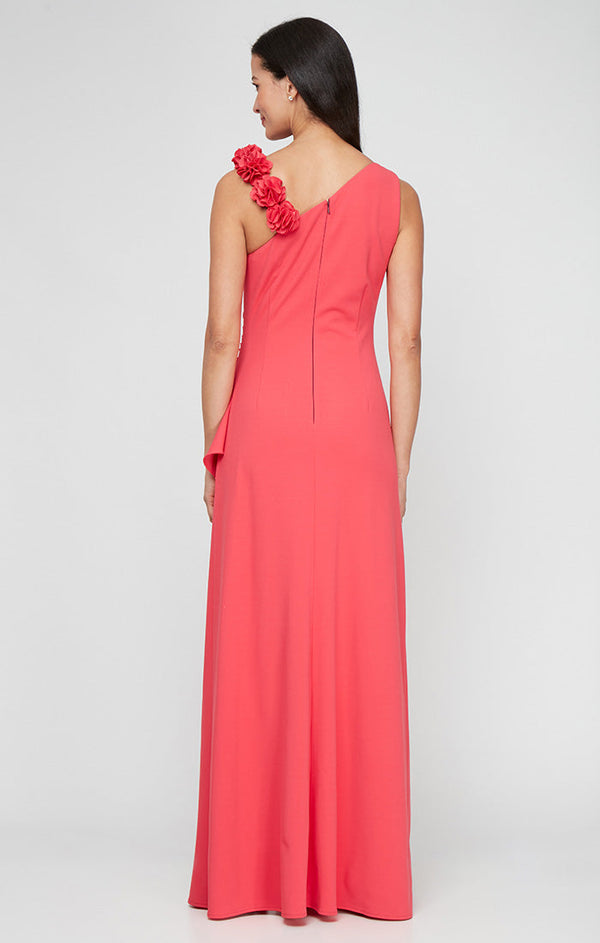 Long Stretch Crepe Dress with Flower Strap Detail and Cascade Skirt