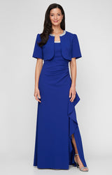 Petite Long Stretch Crepe Bolero Jacket Dress with Embellished Square Neckline & Jacket and Cascade Ruffle Detail Skirt