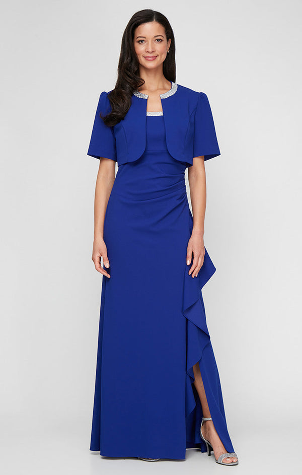 Petite Long Stretch Crepe Bolero Jacket Dress with Embellished Square Neckline & Jacket and Cascade Ruffle Detail Skirt