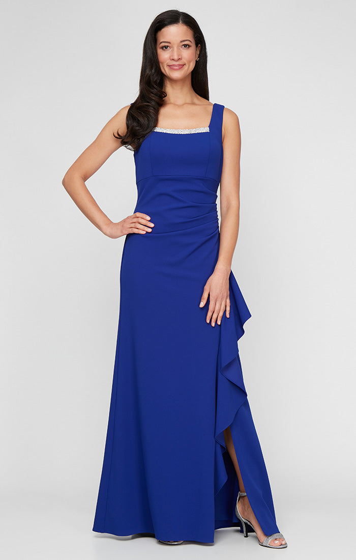 Petite Long Stretch Crepe Bolero Jacket Dress with Embellished Square Neckline & Jacket and Cascade Ruffle Detail Skirt