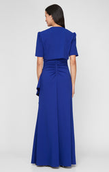 Petite Long Stretch Crepe Bolero Jacket Dress with Embellished Square Neckline & Jacket and Cascade Ruffle Detail Skirt
