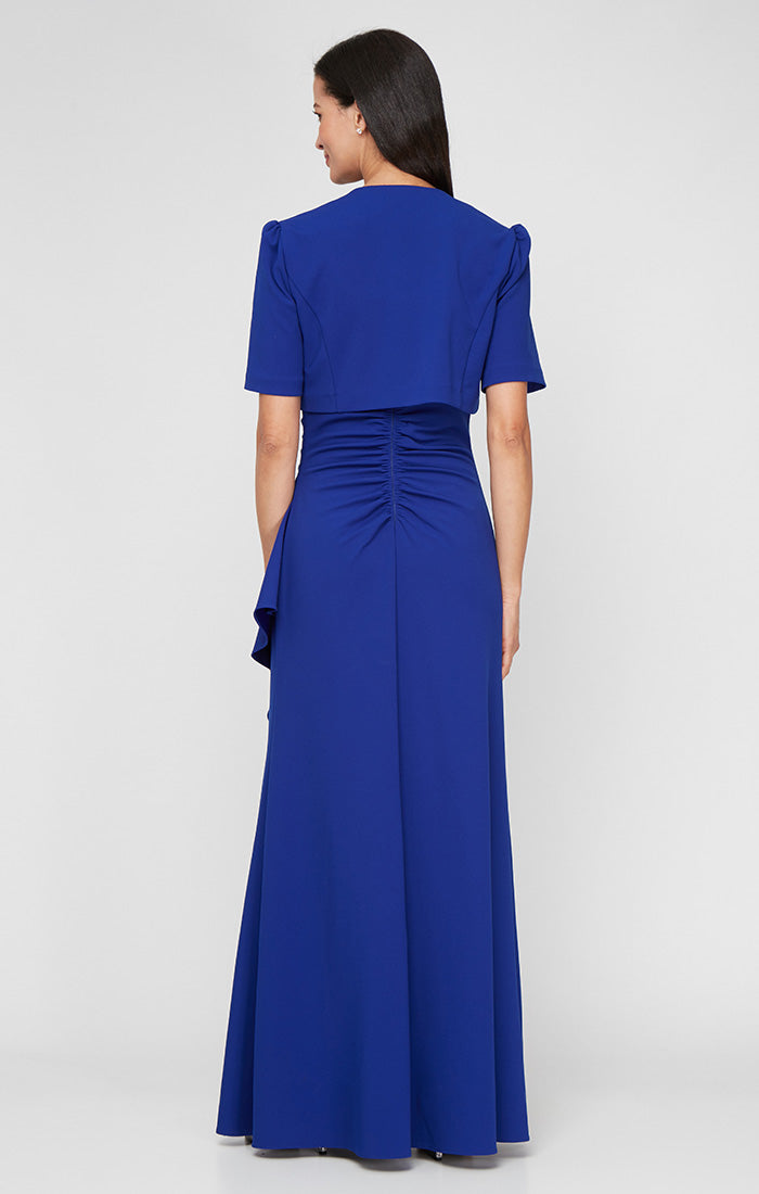 Petite Long Stretch Crepe Bolero Jacket Dress with Embellished Square Neckline & Jacket and Cascade Ruffle Detail Skirt