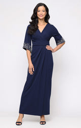 Long Stretch Crepe Column Dress with Surplice Neckline, Gathered Waist Detail and Heat Set Sleeves