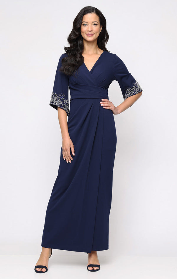 Long Stretch Crepe Column Dress with Surplice Neckline, Gathered Waist Detail and Heat Set Sleeves