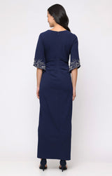 Long Stretch Crepe Column Dress with Surplice Neckline, Gathered Waist Detail and Heat Set Sleeves