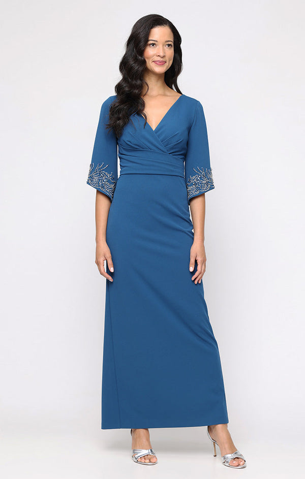 Petite Long Stretch Crepe Column Dress with Surplice Neckline, Gathered Waist Detail and Heat Set Sleeves