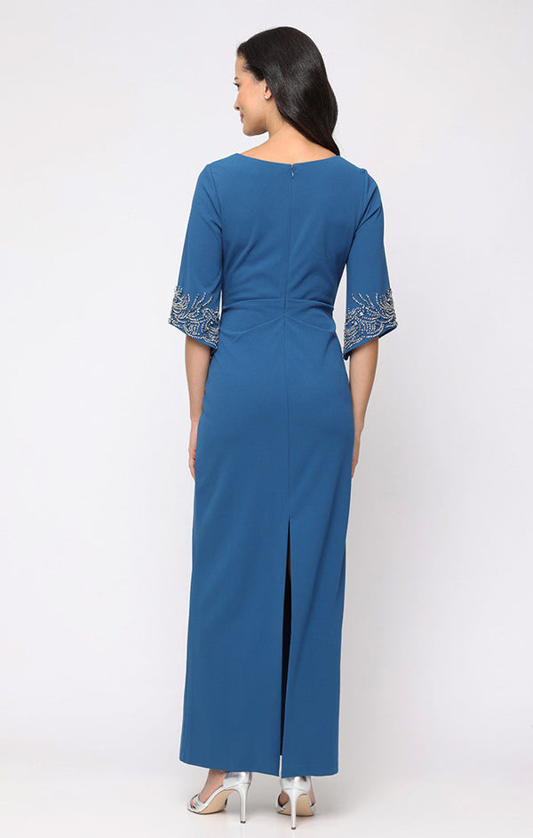 Petite Long Stretch Crepe Column Dress with Surplice Neckline, Gathered Waist Detail and Heat Set Sleeves