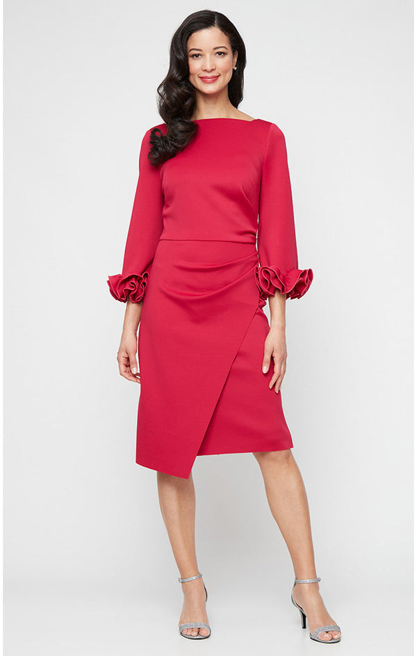 Short Stretch Crepe Sheath Dress with Boat Neckline and Ruffle Sleeve Detail